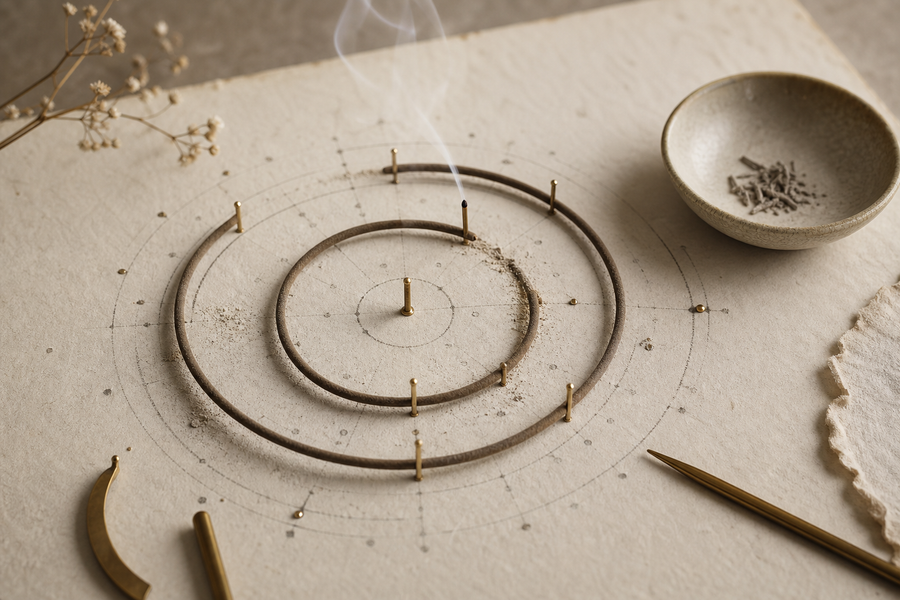 Editorial illustration of a measured spiral incense trail arranged like an incense clock on a neutral surface.