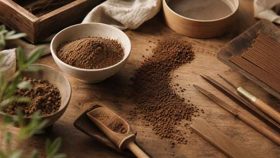 Editorial workbench scene with incense powder, bowls, tools, and finished sticks illustrating traditional incense making.