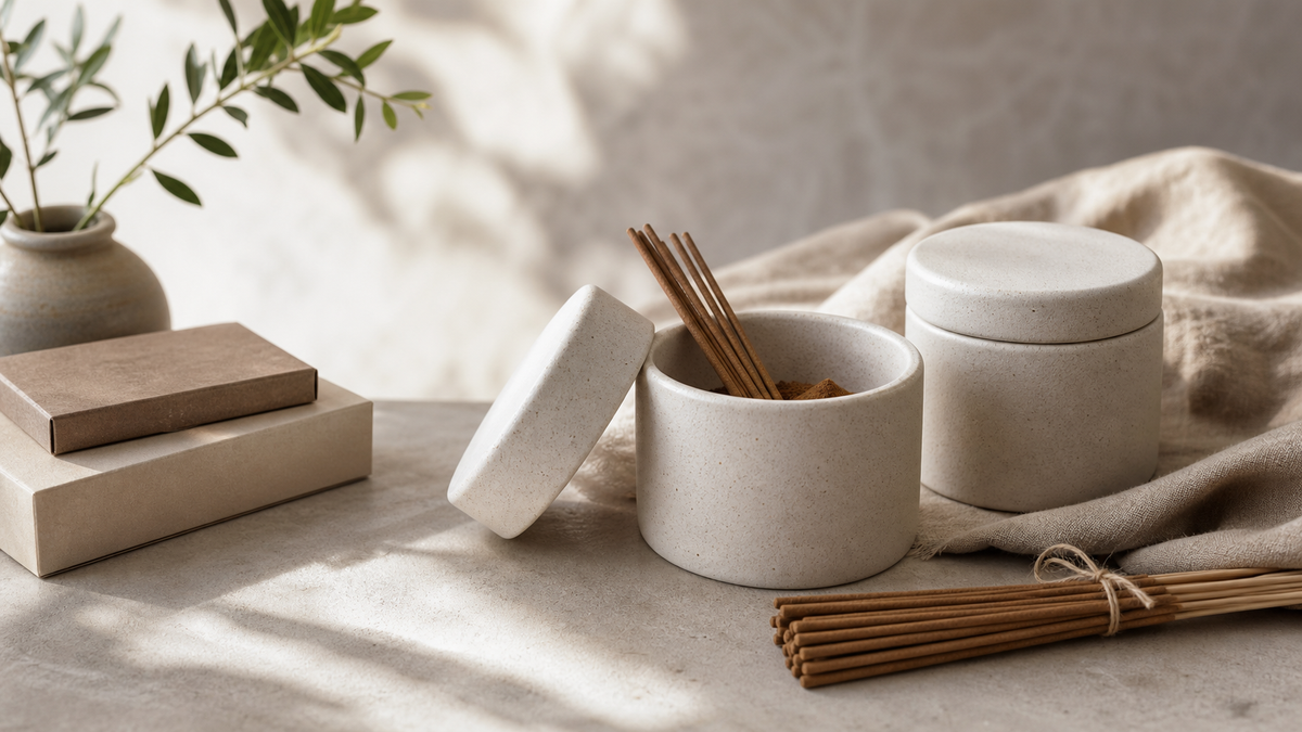 Calm editorial still life of incense stored in neutral ceramic containers to illustrate freshness and storage care.