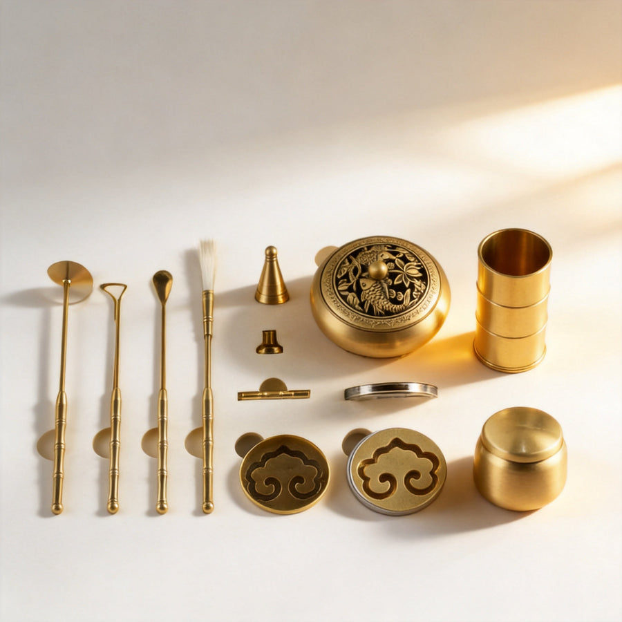 Qinvera setup for what is an incense burner called with incense tools arranged on a clean surface.