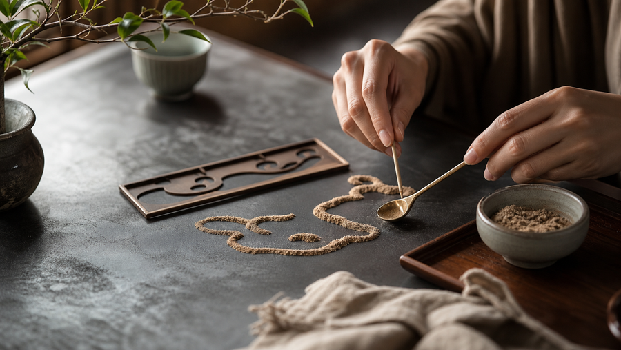 Editorial scene of hands shaping incense powder with traditional tools on a refined tabletop to illustrate Xiangdao.
