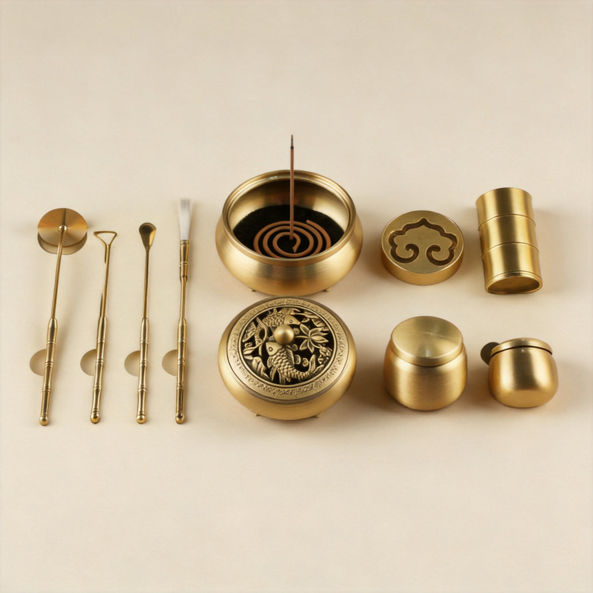 Hollow Brass Seal-Incense Burner 12-Piece Set