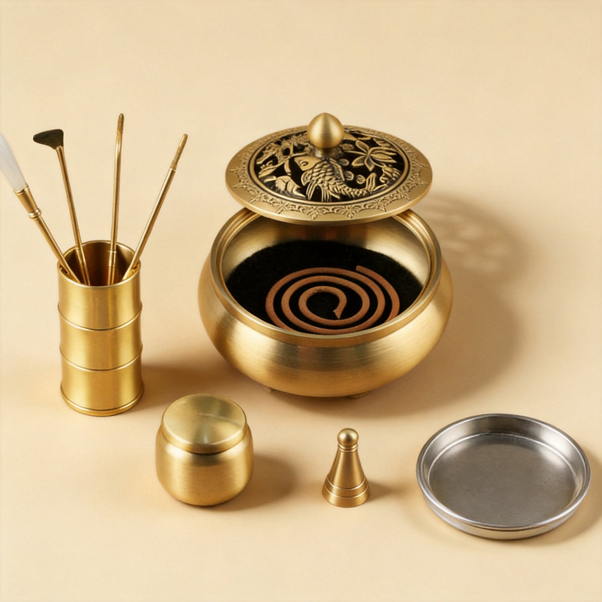 Hollow Brass Seal-Incense Burner 12-Piece Set