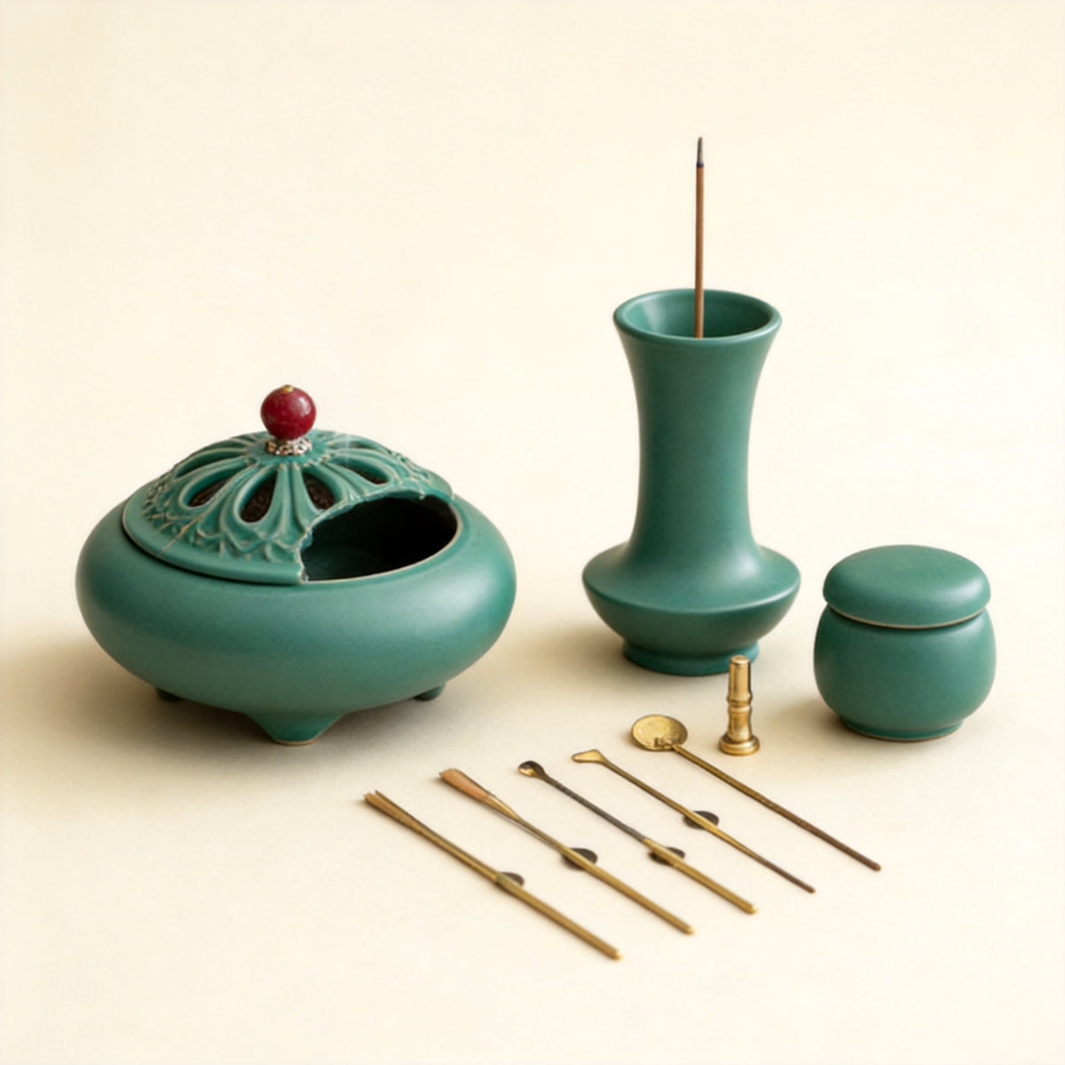 Peacock Green Ceramic Seal-Incense Set