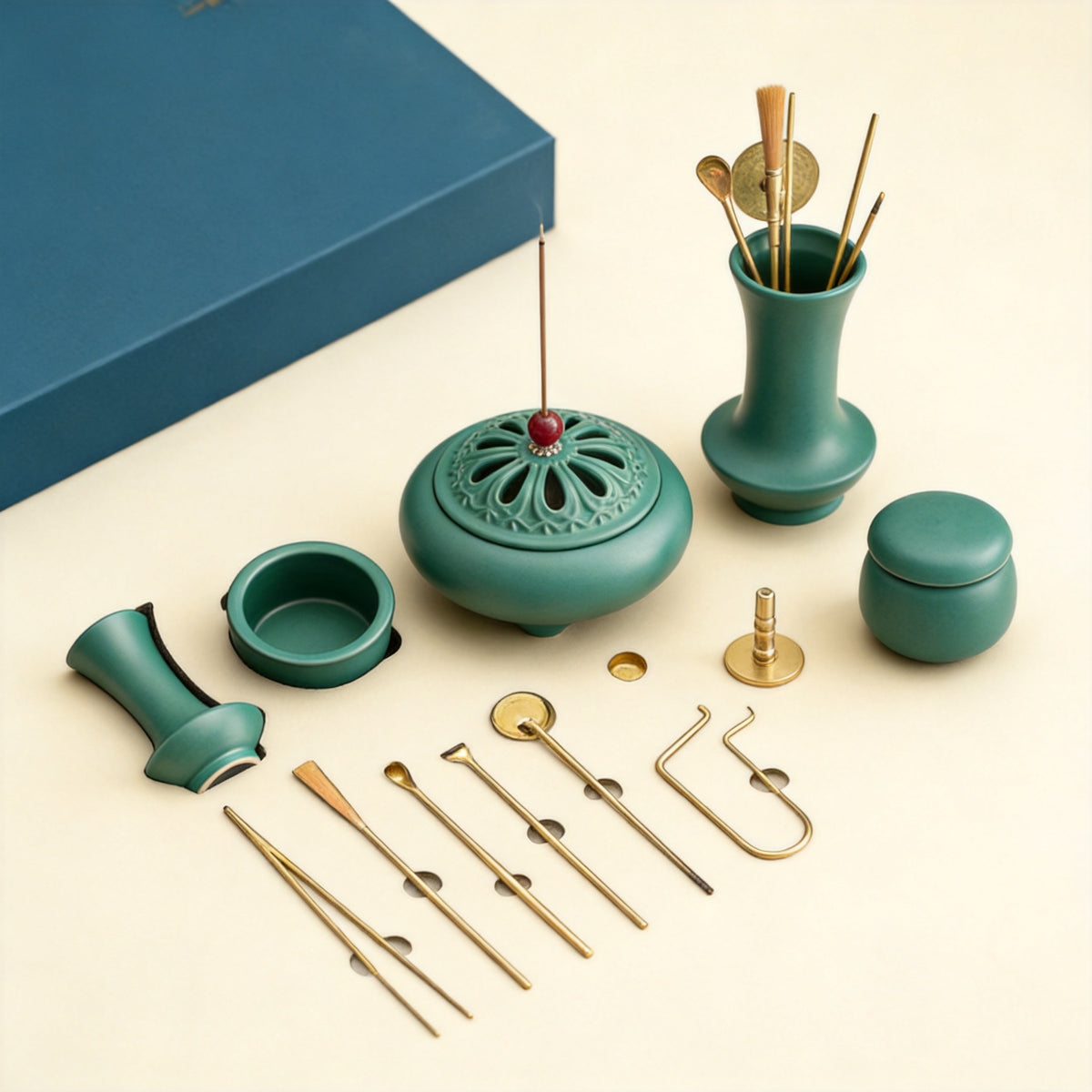 Peacock Green Ceramic Seal-Incense Set