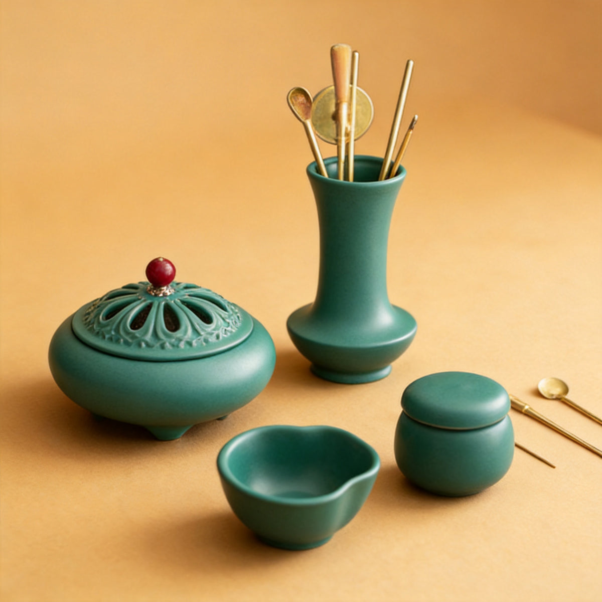 Peacock Green Ceramic Seal-Incense Set